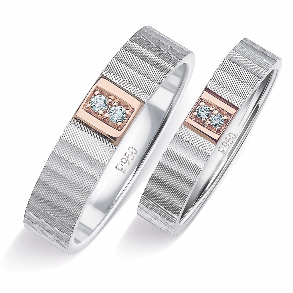 Jewelove™ Rings Both / SI IJ Ready to Ship - Ring Sizes 8, 18 Unique Texture Platinum Love Bands with 2 Diamonds & a Touch of Rose Gold JL PT 914