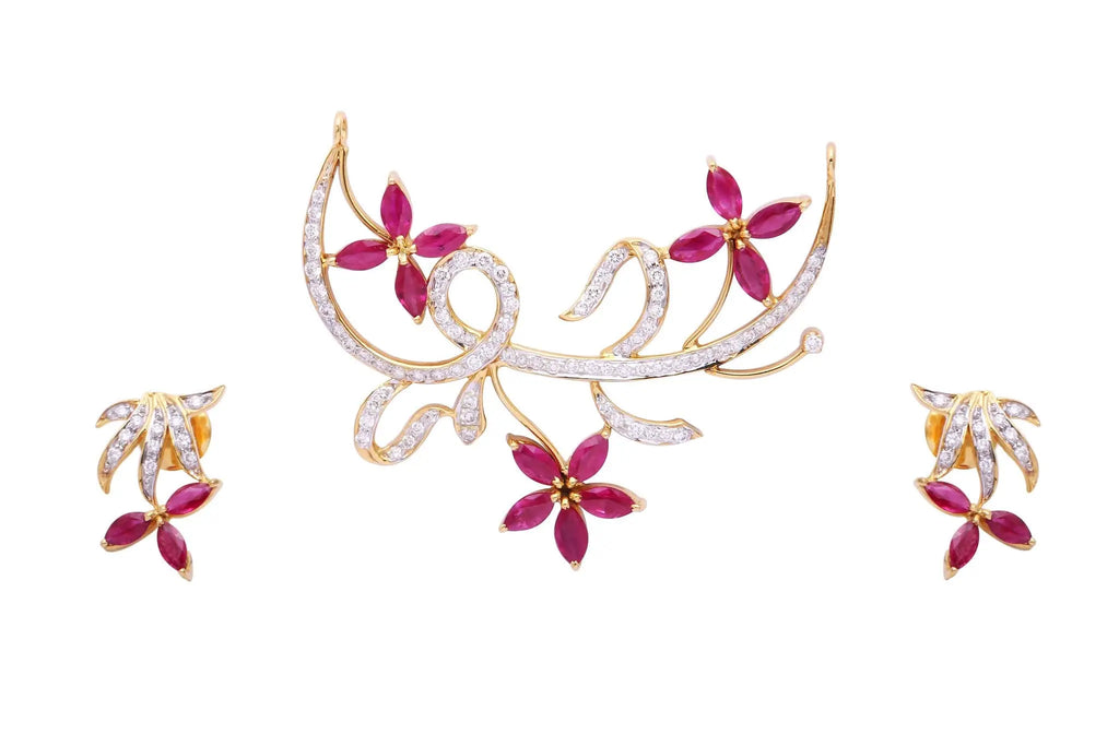 Jewelove™ Necklaces & Pendants SI IJ Ruby Diamond 18K Gold Floral Mangalsutra Half Necklace Set with Earrings JL AU 126