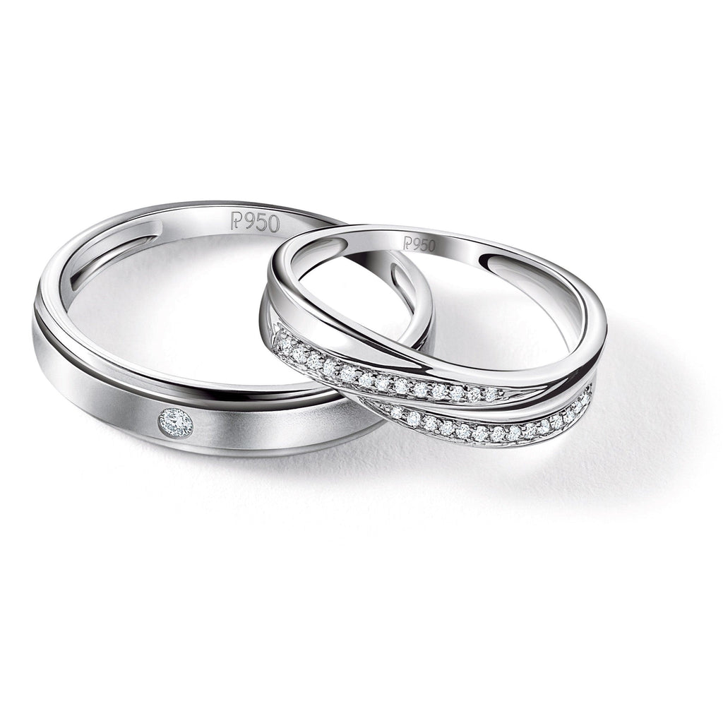 Designer Platinum Couple JL PT 531 Men's Love Band with a Single Diamond Women's Love Band with Multiple Diamonds. IdeaL FOR COUPLES who like simple ring for men & designer ring for women