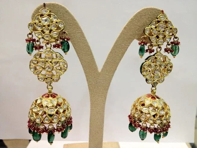 Statement Jewelry Earrings with Diamond Polki and Emeralds by Suranas Jewelove - Suranas Jewelove
