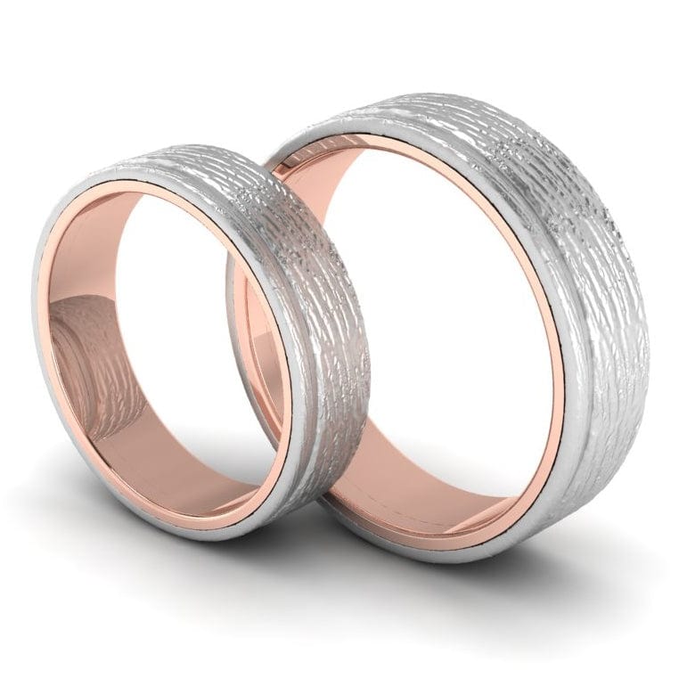 Textured Platinum Couple Rings Bands with a Single Groove & Rose Gold