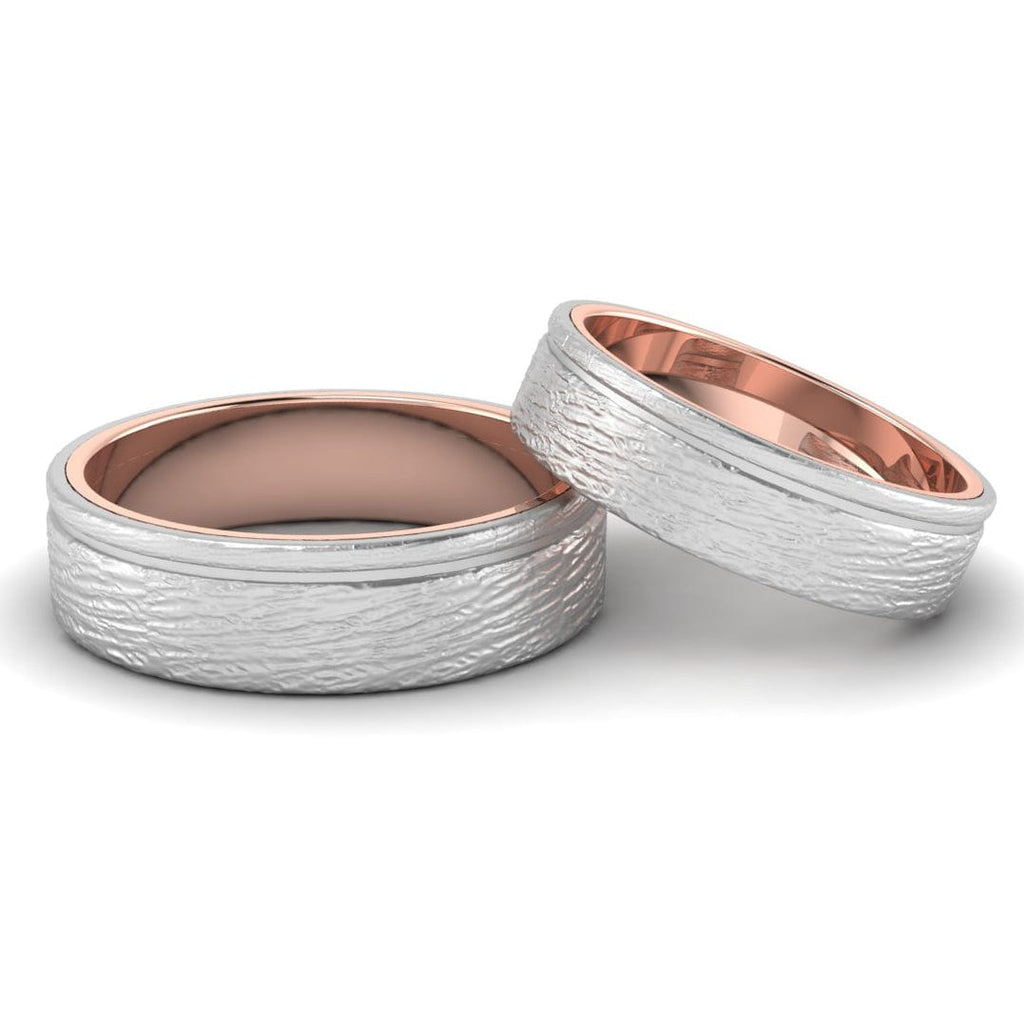 Front View of Textured Platinum Couple Rings Bands with a Single  Groove & Rose Gold Base JL PT 644