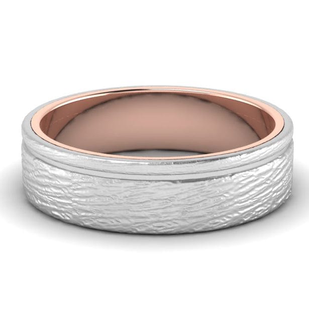 Front View of Textured Platinum Couple Rings Bands with a Single  Groove & Rose Gold Base JL PT 644