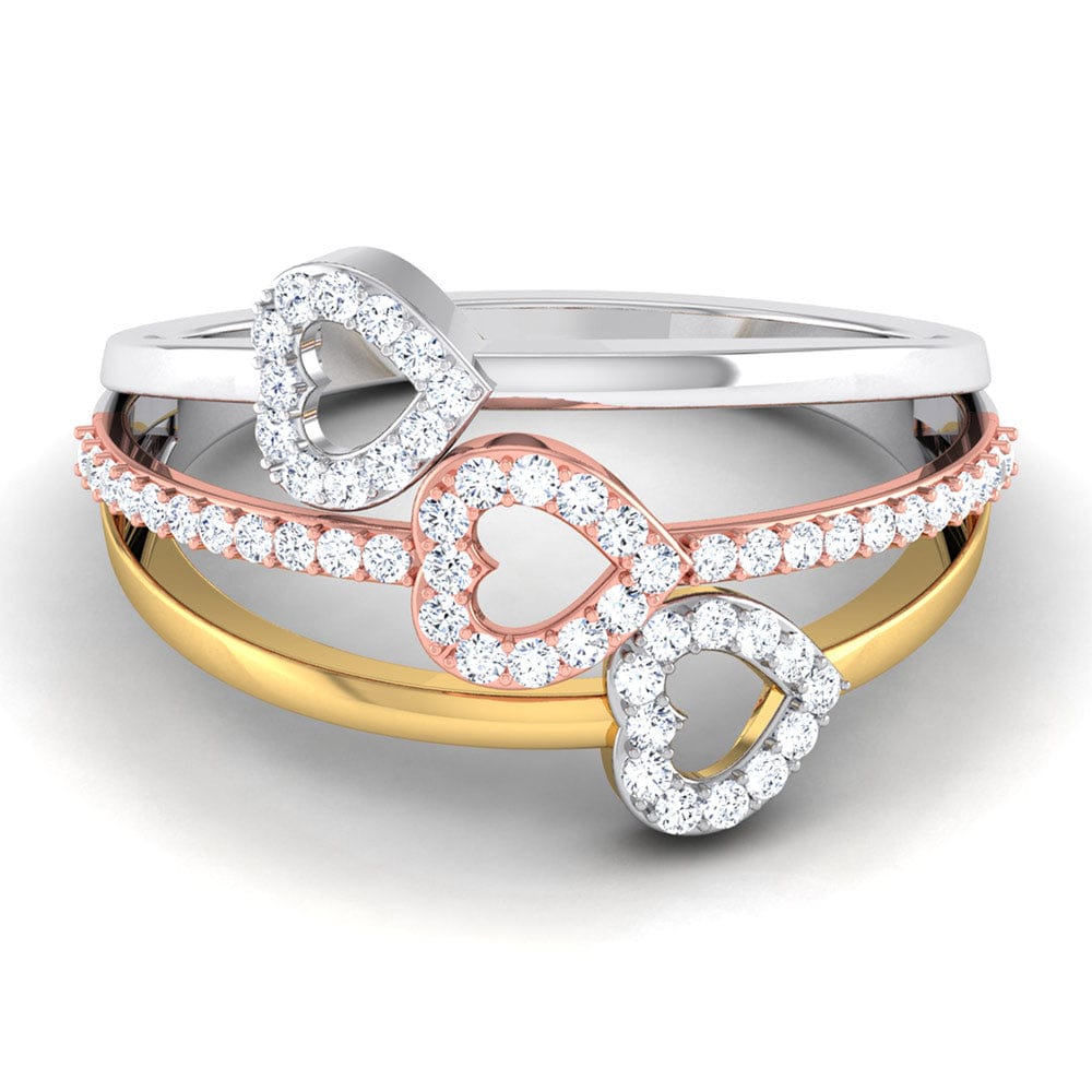 Three Hearts Platinum & Diamond Ring JL PT 553 for Women Perspective View Platinum, One heart is in Yellow rhodium & another is in Pink Gold Rhodium