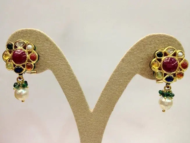 Traditional Indian Navrattan Earrings with Uncut Diamond Polki by Suranas Jewelove - Suranas Jewelove
