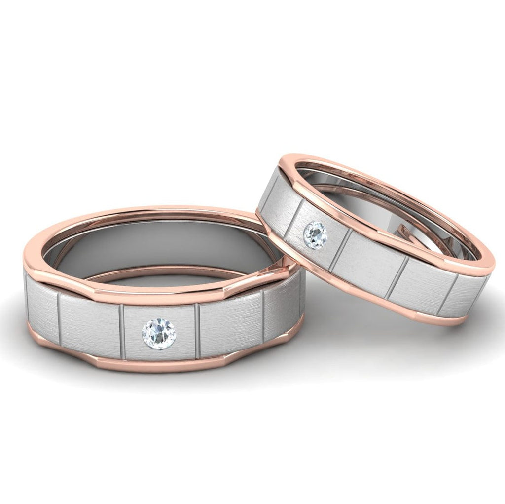 Front V‪iew of Unique Shape Platinum Love Bands with Single Diamond & Rose Gold Border JL PT 648 - Rose Gold