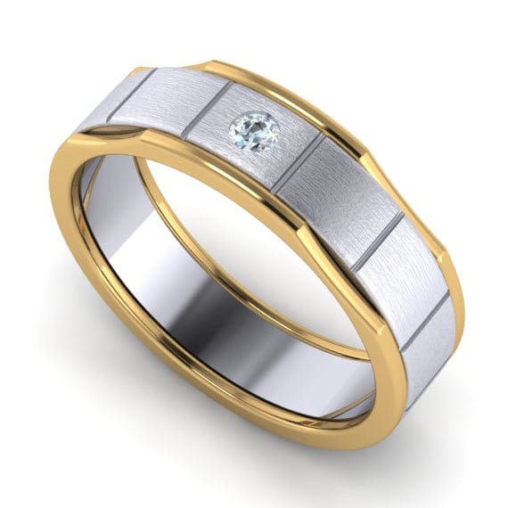 Perspective View of Unique Shape Platinum Love Bands with Single Diamond & Yellow Gold Border JL PT 648 - Yellow Gold